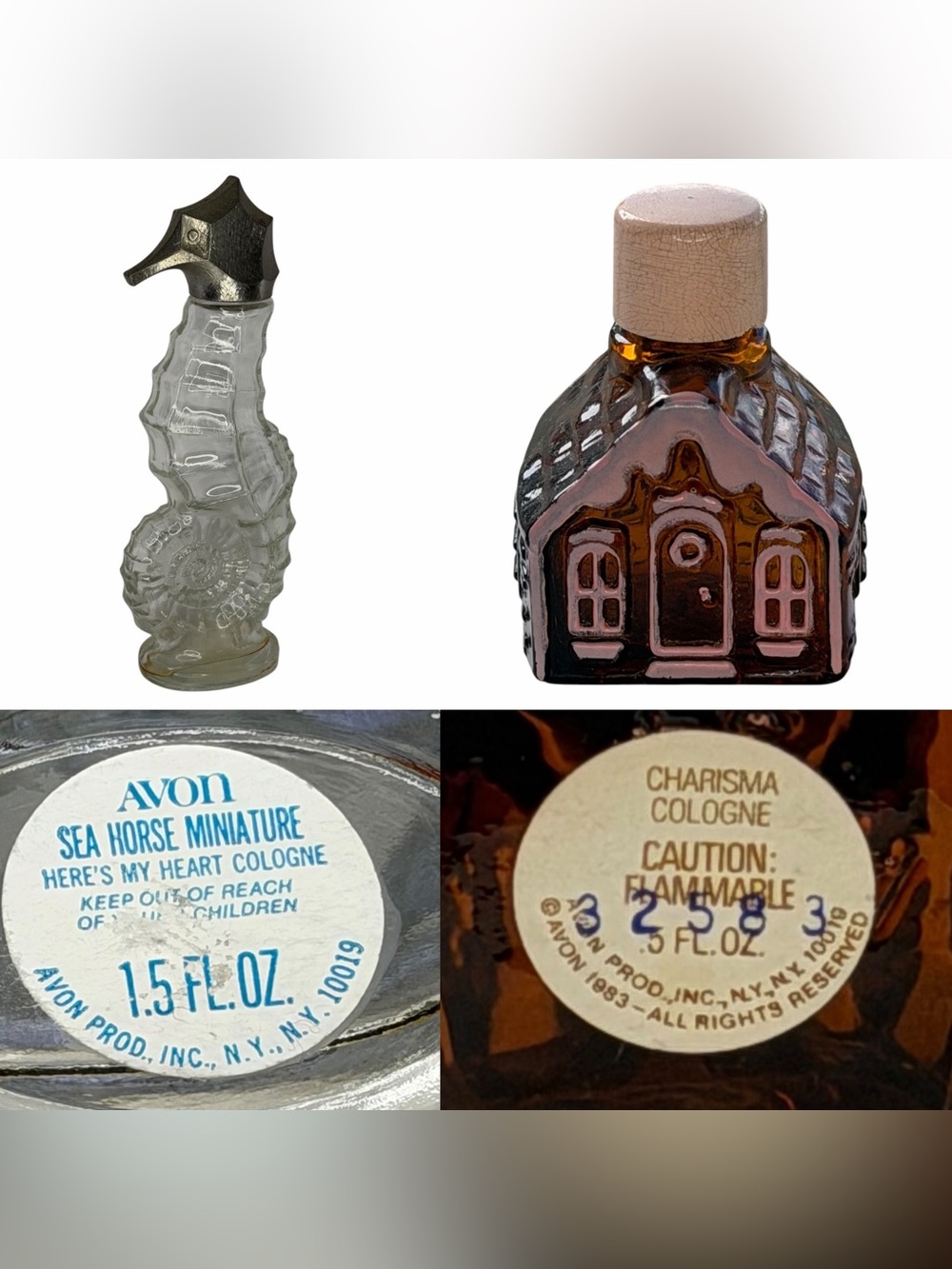 2 Rare Vintage Avon Bottles- Seahorse Miniature & Gingerbread Cottage